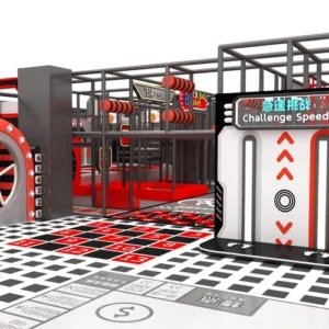 Black and Red Trampoline Park with Foam Pit Obstacle Course and Hanging Rings