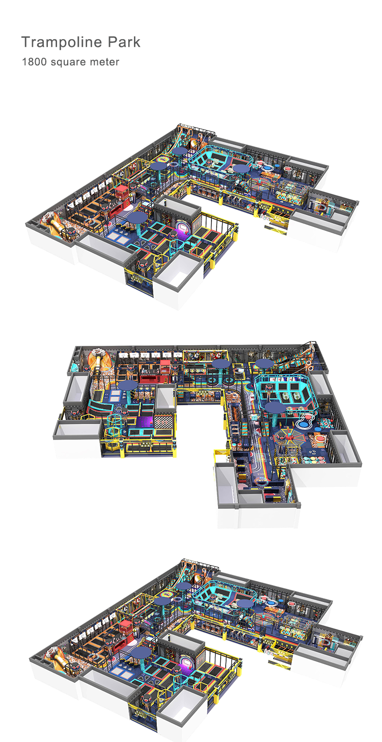 Large custom commercial trampoline park with various game options